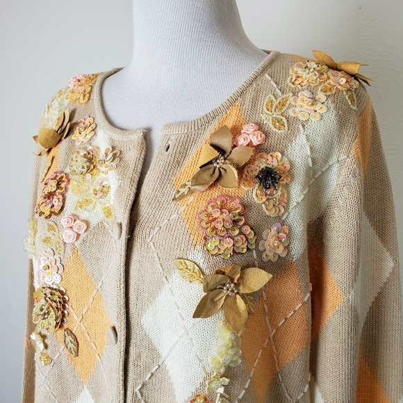 Victor Costa Occasion Sweater Argyle Beaded Floral Embellished Grandmacore - Picture 7 of 8